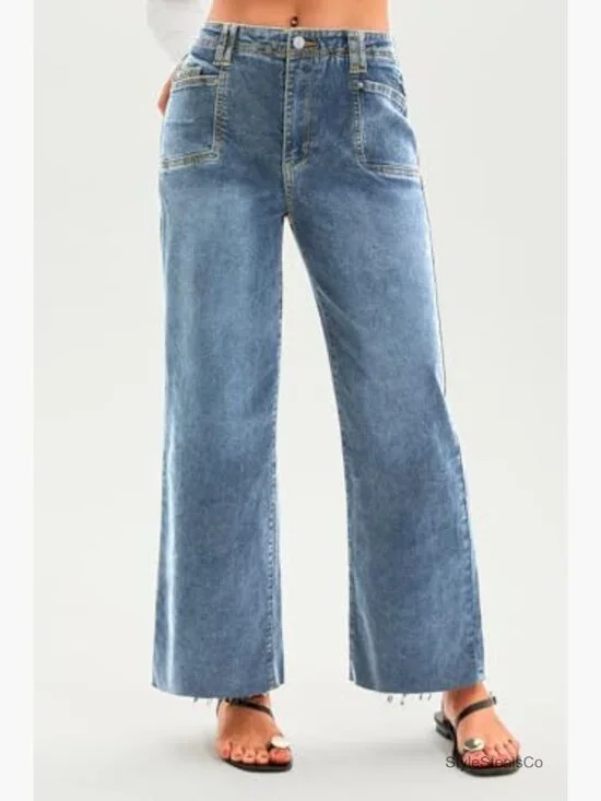 Size 10 High Waisted Cropped Jeans Stretchy Baggy Straight Leg Raw Hem Denim - Picture 5 of 7